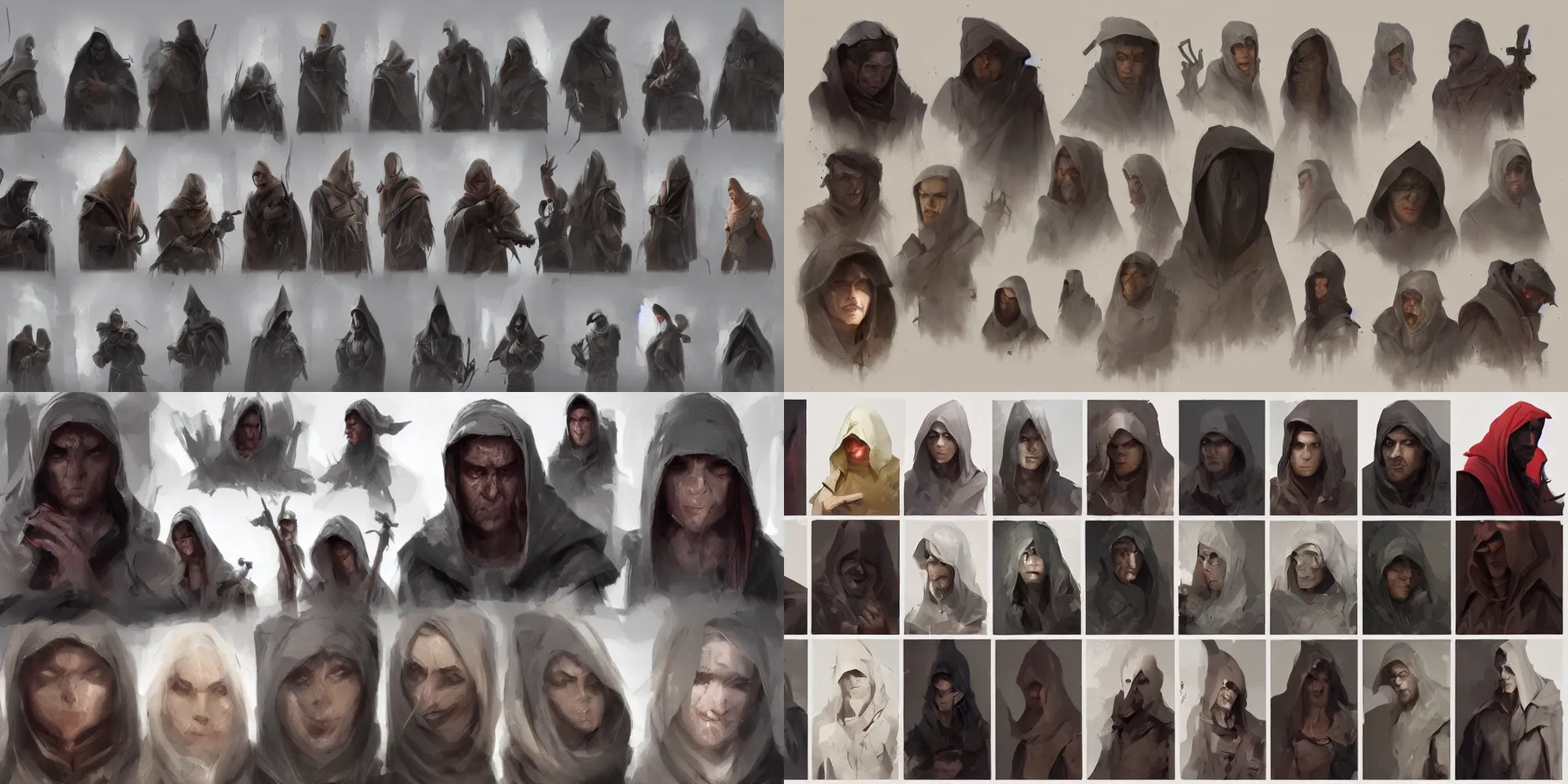 Prompt: character concept mood board facial expressions a blond hooded woman by a senior character artist, raphael lacoste and greg rutkowski