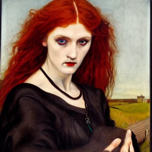 Image similar to a Pre-Raphaelite John Collier painting of a striking witch with intense eyes and ginger hair