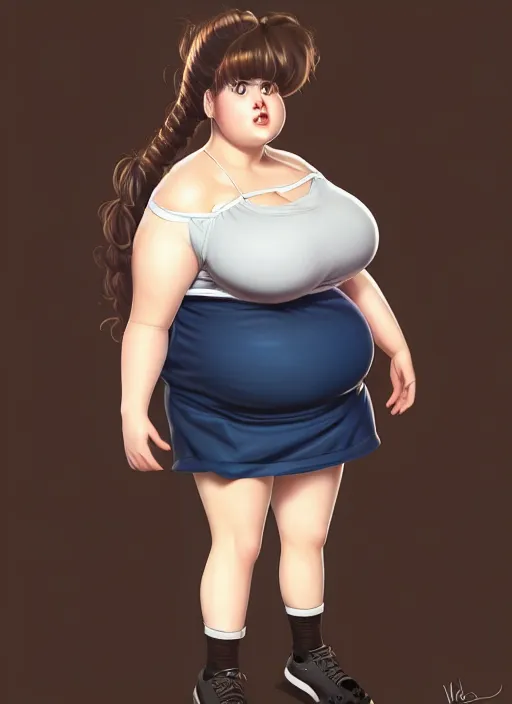 Image similar to full body portrait of teenage betty cooper, obese, bangs, ponytail, sultry, realistic, sultry smirk, ponytail hairstyle, fluffy bangs, curly bangs, skirt, fat, belly, intricate, elegant, highly detailed, digital painting, artstation, concept art, smooth, sharp focus, illustration, art by wlop, mars ravelo and greg rutkowski