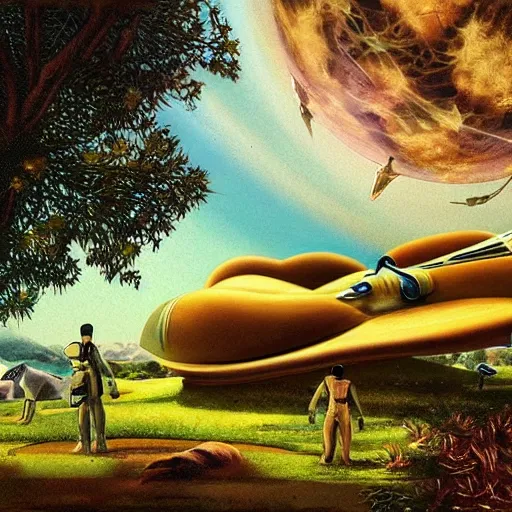 Prompt: ottoman style spaceship, lush pastoral woodland scene, pulp science fiction illustration