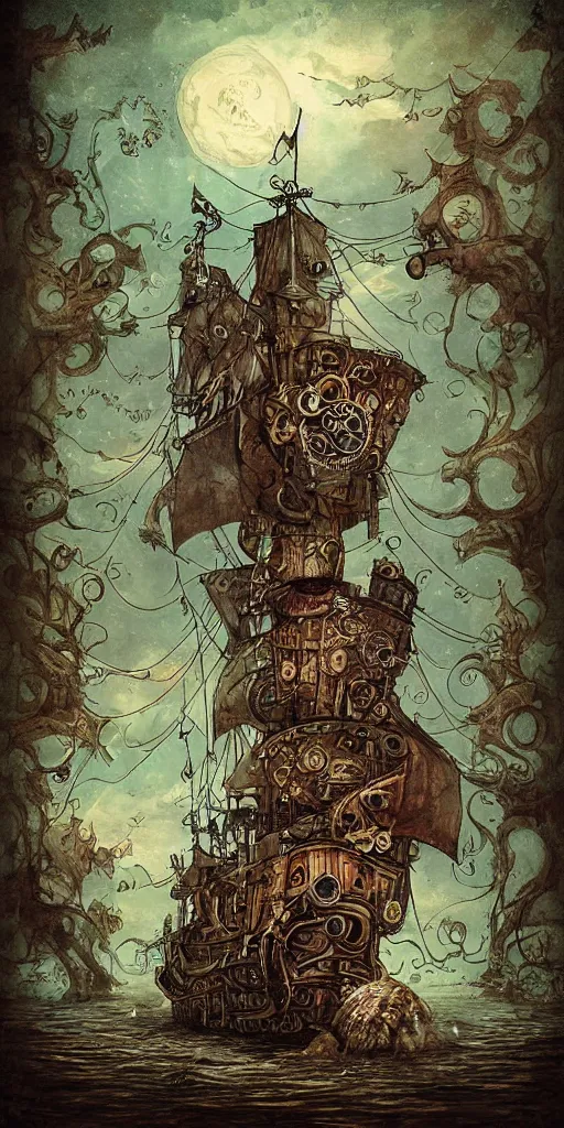 Image similar to a detailed digital painting of a steampunk pirate ship by alexander jansson