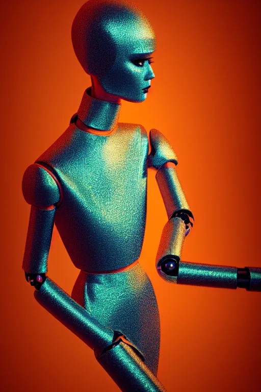 Image similar to a robotic model wearing haute couture from vintage chanel, macro photography, long exposure photograph, surrealism, anamorphic bokeh, cozy, soft light, orange and teal, caustic, atmospheric fog, octane render, cinematic