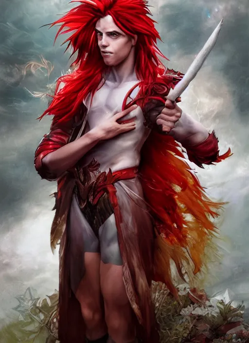 Image similar to An epic fantasy comic book style portrait painting of a young fairy boy with red wings, pointy red hair, white glowing eyes, smiling, red long hair red coat. Unreal 5, DAZ, hyperrealistic, octane render, cosplay, RPG portrait, dynamic lighting