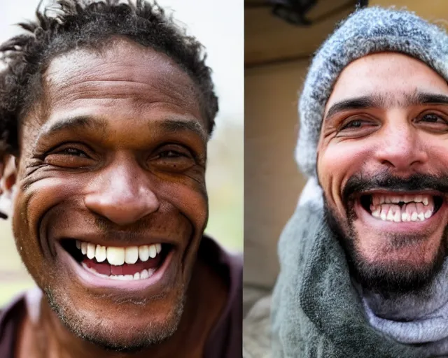 Image similar to a handsome homeless man with a colgate smile is in joy after winning the lottery.