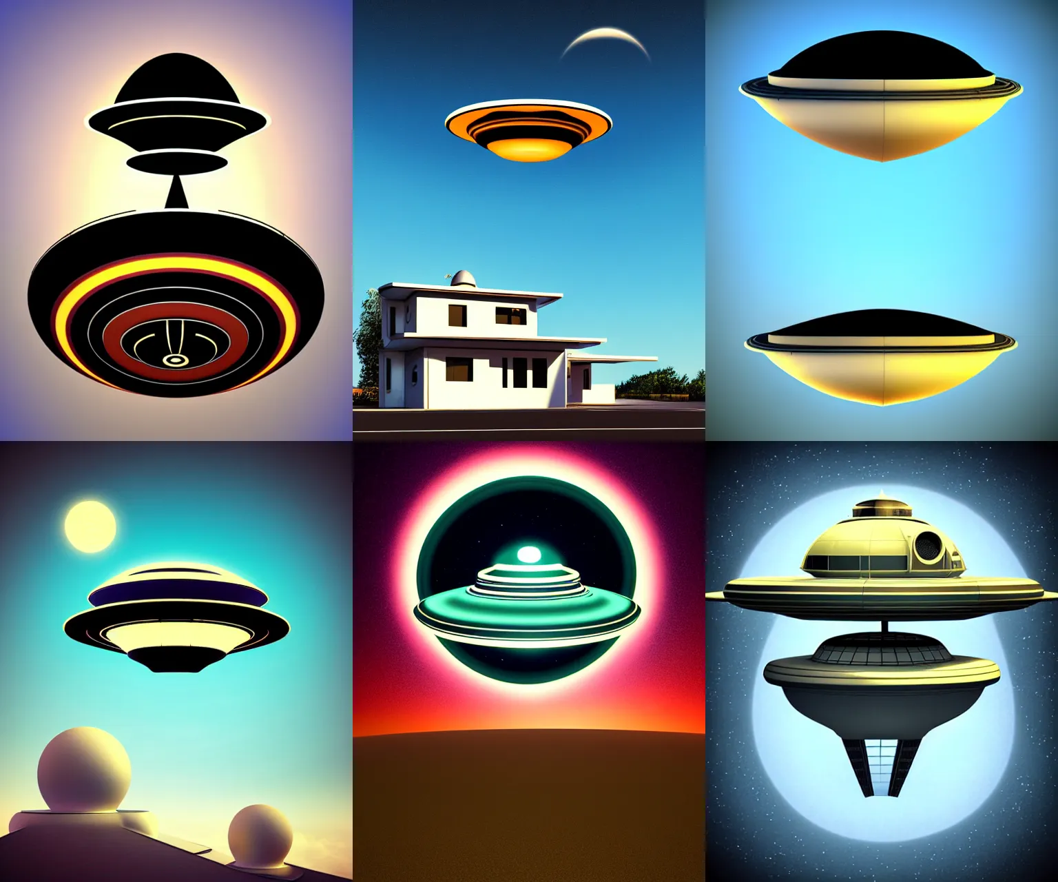 Image similar to retro-futurism style-art deco- 3d UFO above house