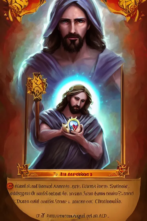 Image similar to A card with description and status of Jesus Christ as a DOTA 2 character holding a Sacred Heart armor, card game, card, trade card game, Artifact Dota2, by Stanley Artgerm Lau, WLOP, Rossdraws, James Jean, Andrei Riabovitchev, Marc Simonetti, Yoshitaka Amano, ArtStation, CGSociety,