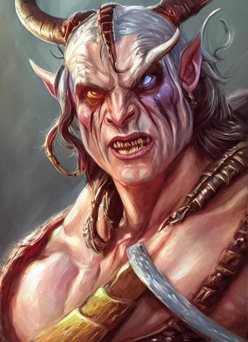Prompt: tiefling barbarian, ultra detailed fantasy, dndbeyond, bright, colourful, realistic, dnd character portrait, full body, pathfinder, pinterest, art by ralph horsley, dnd, rpg, lotr game design fanart by concept art, behance hd, artstation, deviantart, hdr render in unreal engine 5