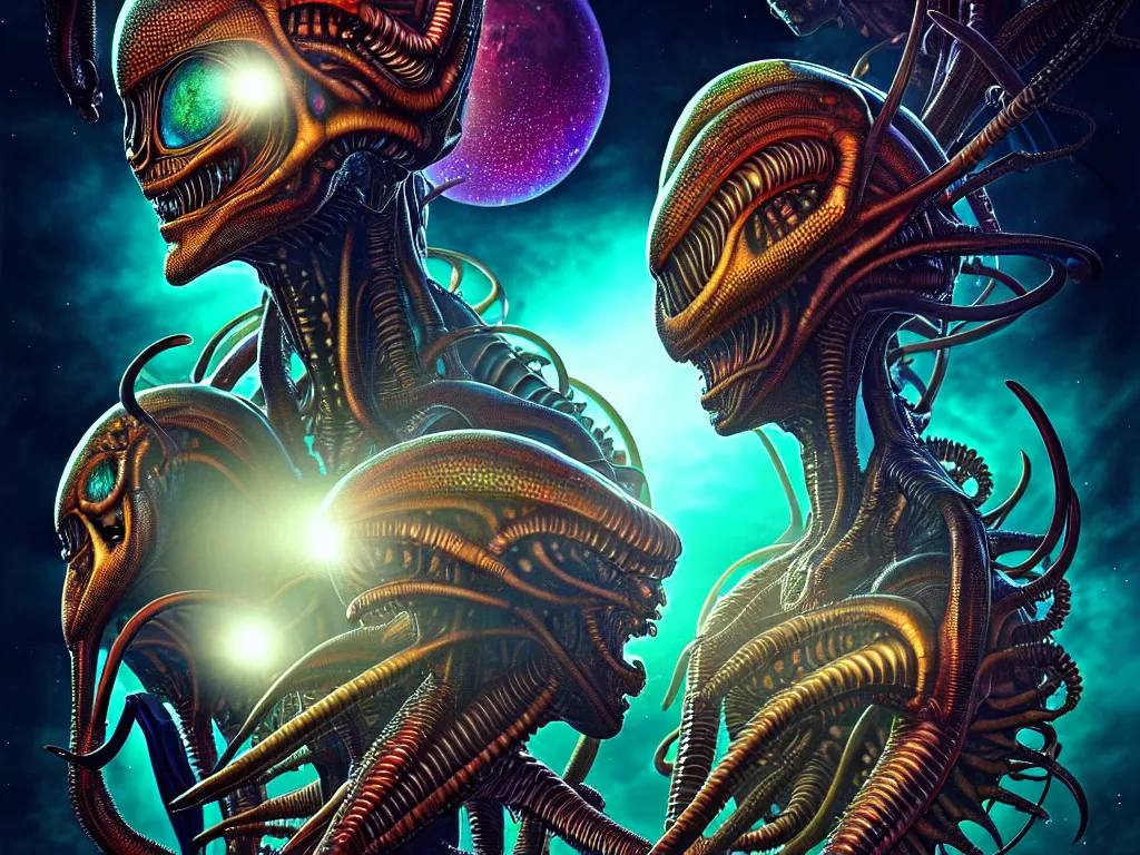Prompt: highly detailed photo of alien humans, trending on deviantart, neo surrealism, sharp focus, a lot of little details, lens flare, epic render, magical composition, deep color scheme, ornate, intricate, octane, masterpiece, art by ernst haeckel and android jones