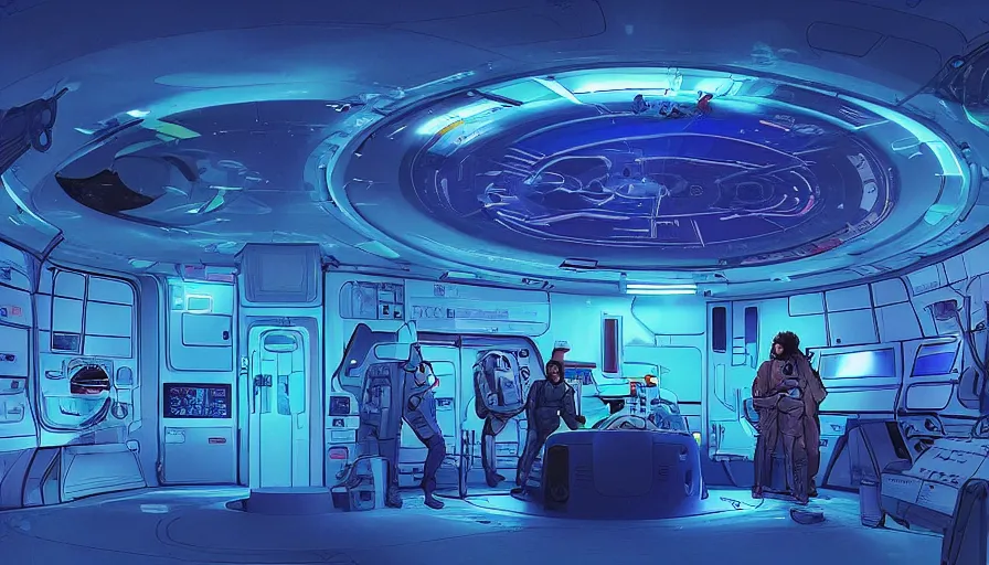 Image similar to a space ship circular medic room with bright holodesk in the center showing a blue hologram of a solar system, dark people discussing, contrasted light, clair obscur, illustration, clean lines, star wars vibe, by sead mead, by feng zhu!!! by moebius, vivid colors, spectacular cinematic scene