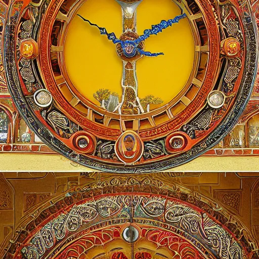 Prompt: A sacred of giant tree of life radiating holy light biomechanical，many large fantastic clocks hanging from its branches, amber fort with clocks, red orange and yellow leaves, in the style of wes anderson, A matte painting，realistic, ornate, intricate, cinematic, volumetric，by Grzegorz Rutkowski, Trending on artstation