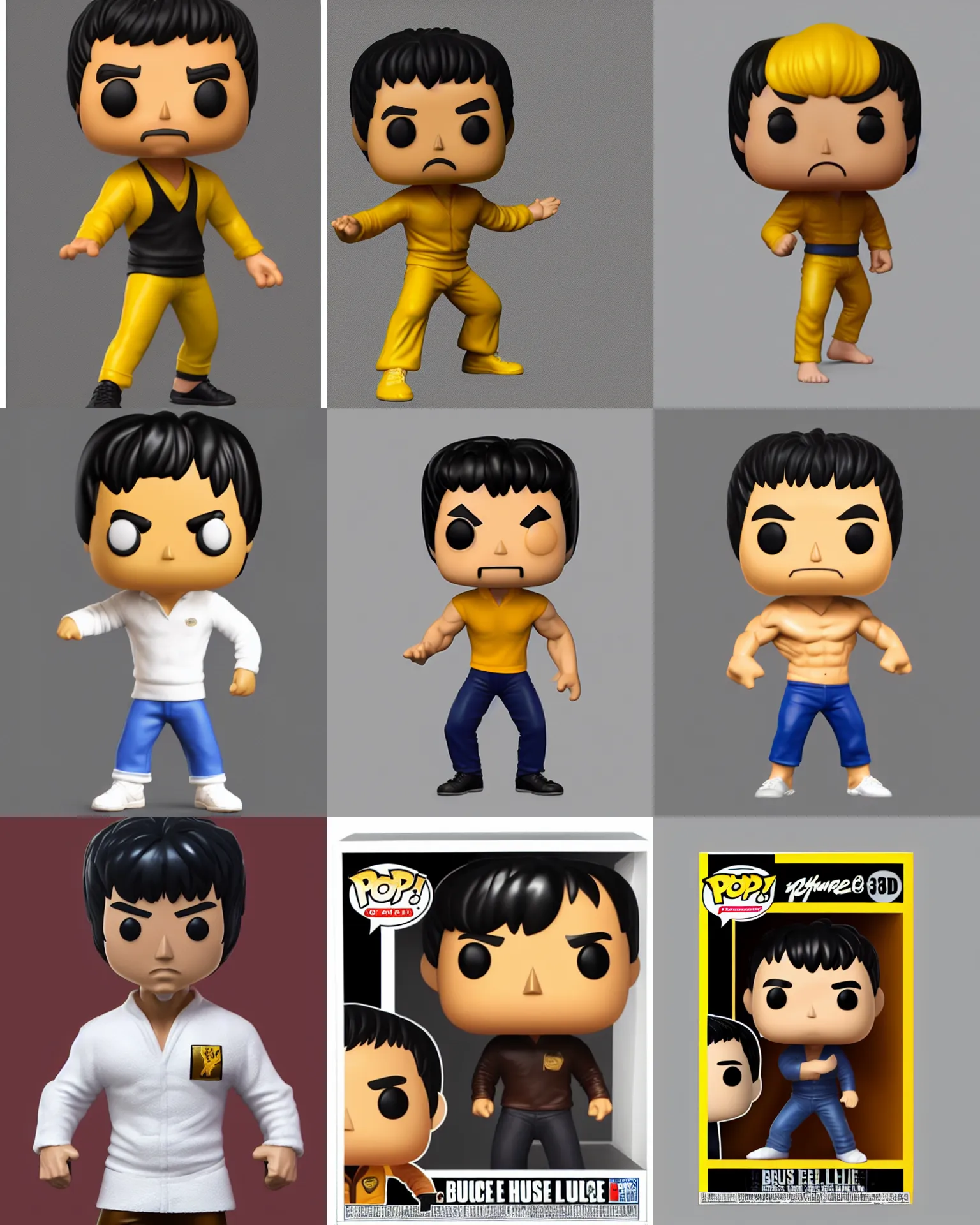 Prompt: full body 3 d render of bruce lee as a funko pop!, studio lighting, white background, single body, no shadow, blender, trending on artstation, 8 k, highly detailed