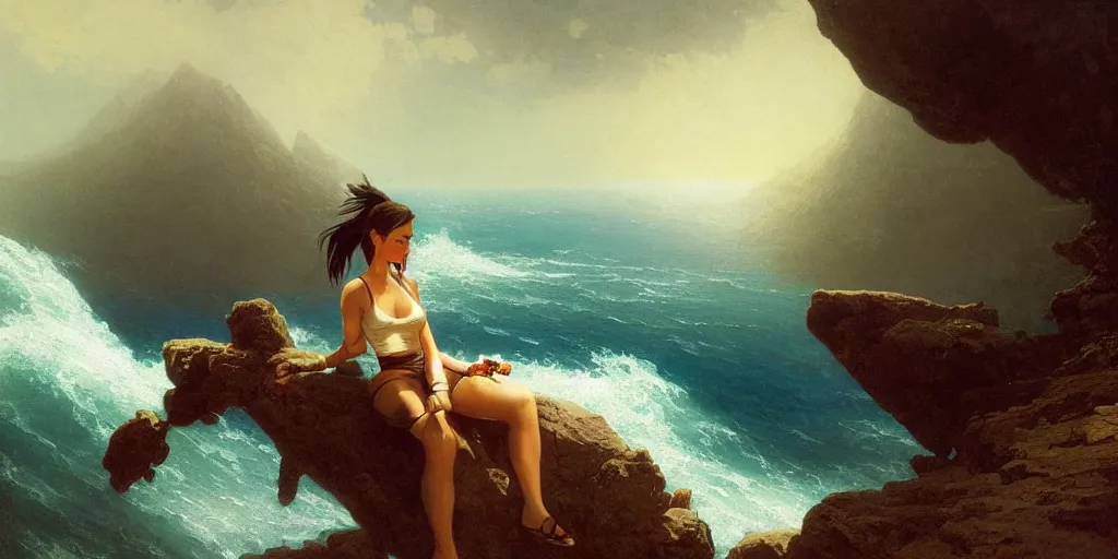 Prompt: Lara Croft relaxing, Ivan Aivazovsky, Christopher Balaskas, Noah Bradley, Albert Bierstadt, Jim Burns, Edwin Church, Frederic Thomas Cole, Brown Durand, Asher David Friedrich, Caspar James Gurney, Johnson Heade, Martin Raphael Lacoste, Ted Nasmith, Andreas Rocha, Christophe Vacher