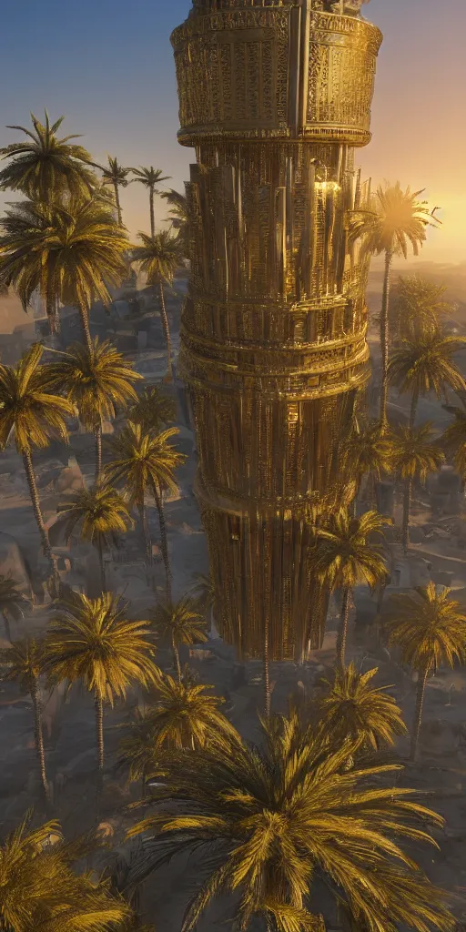 Prompt: eye level view of a contemporary golden detailed babylon tower, fantasy, golden hour, photorealism, arid mountains and palm forest, unreal engine