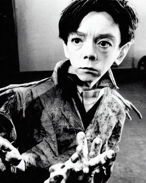 Image similar to film still of young actor bud cort, from harold and maude, as tetsuo in live action remake of akira, neo - tokyo, post apocalyptic, telekinesis, mutant psychic children, neo - tokyo, futuristic, in the style of alex proyas, ridley scott, katsuhiro otomo