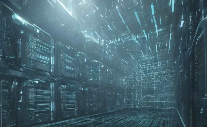 Image similar to extremely detailed cinematic movie still 3 0 7 7 foggy portrait shot of a robot in an endless data centre by denis villeneuve, wayne barlowe, simon birch, marc simonetti, philippe druillet, beeple, bright volumetric sunlight from small windows, rich moody colors, closeup