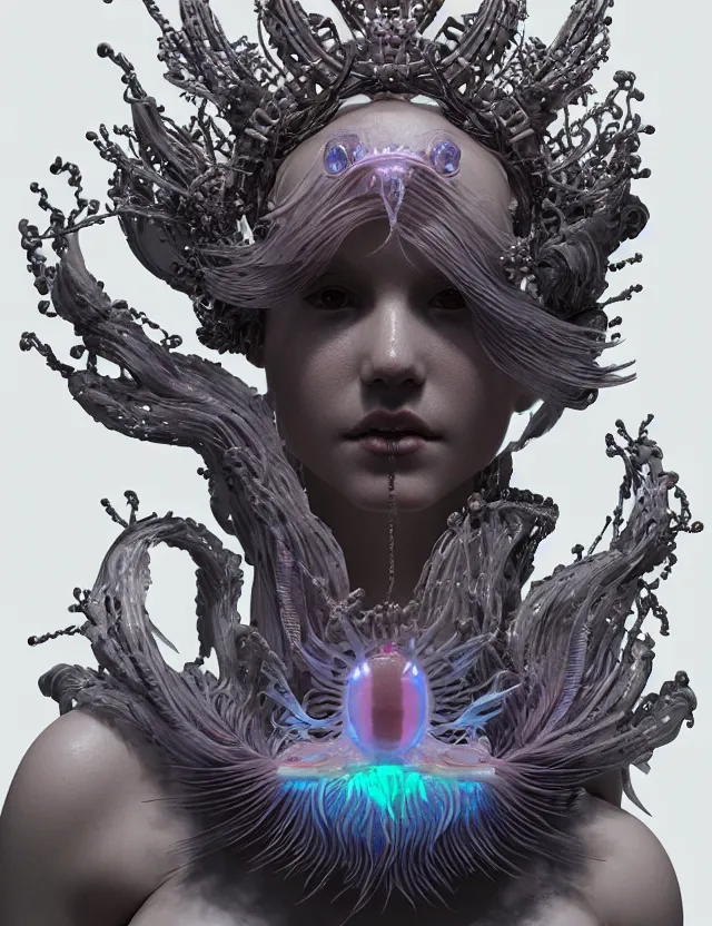 Image similar to symmetrical, centered, zbrush sculpt of goddess close-up portrait wigh crown made of skulls. phoenix betta fish, phoenix, bioluminiscent creature, super intricate ornaments artwork by Tooth Wu and wlop and beeple and greg rutkowski