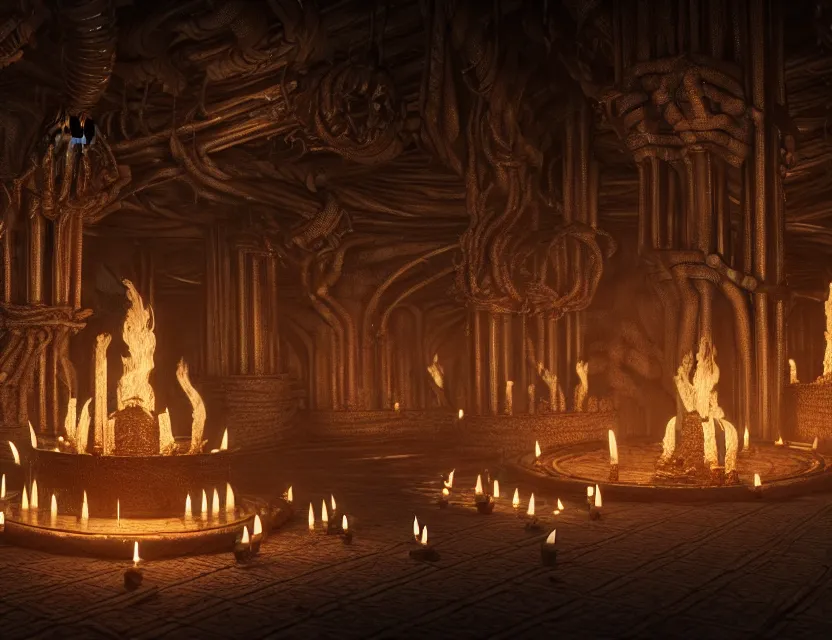 Image similar to a curly group of old sages burning candles, standing leagues taller than the villages below, intricate, ultra detailed, unreal engine, hr giger style, wide - angle lens, sharp focus, illustration, 8 k