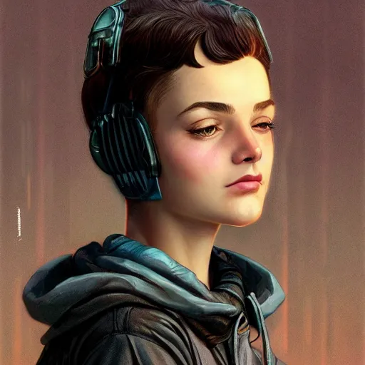 Image similar to character portrait of a 1950s girl in a hoodie with a pixie cut, dystopian cyberpunk steampunk soviet mood, intricate, wild, highly detailed, digital painting, artstation, upper body, concept art, smooth, sharp focus, illustration, art by artgerm and greg rutkowski and alphonse mucha