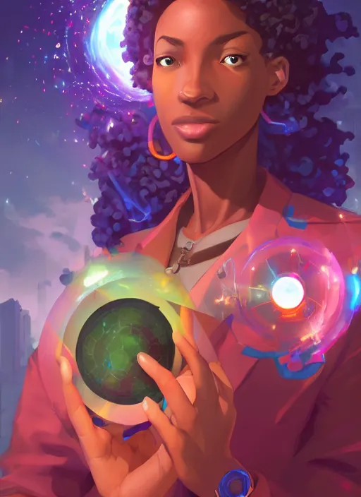 Image similar to afro - futurist scientist, computers and holograms, hacking the metaverse | hyperrealistic oil painting | by makoto shinkai, ilya kuvshinov, lois van baarle, rossdraws | afrofuturism, in the style of hearthstone, trending on artstation | dark color scheme