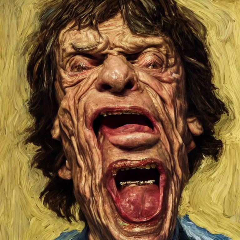 Prompt: warmly lit close up studio portrait of very old furiously angry!! Mick Jagger age 115 angrily singing, impasto oil painting thick brushstrokes by Lucian Freud and Cy Twombly and Tim Hawkinson , trending on artstation dramatic lighting Expressionism