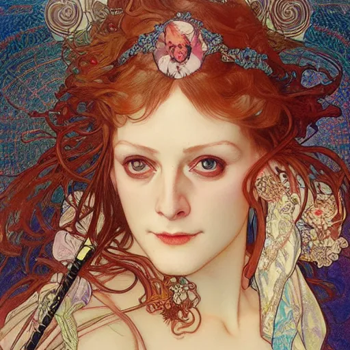 Prompt: realistic detailed face portrait of Zandra Rhodes by Alphonse Mucha, Ayami Kojima, Amano, Charlie Bowater, Karol Bak, Greg Hildebrandt, Jean Delville, and Mark Brooks, Art Nouveau, Neo-Gothic, gothic, rich deep moody colors