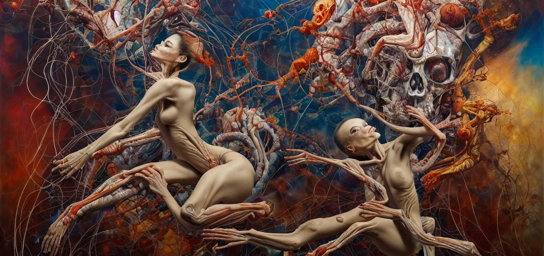 Prompt: fleshy anatomical figures with extra limbs, hovering in the air, zero gravity, neurons firing, rich colours, karol bak, mark brooks, hauntingly surreal, highly detailed painting by katsuhiro otomo, part by james jean, part by adrian ghenie, part by gerhard richter, soft light 4 k