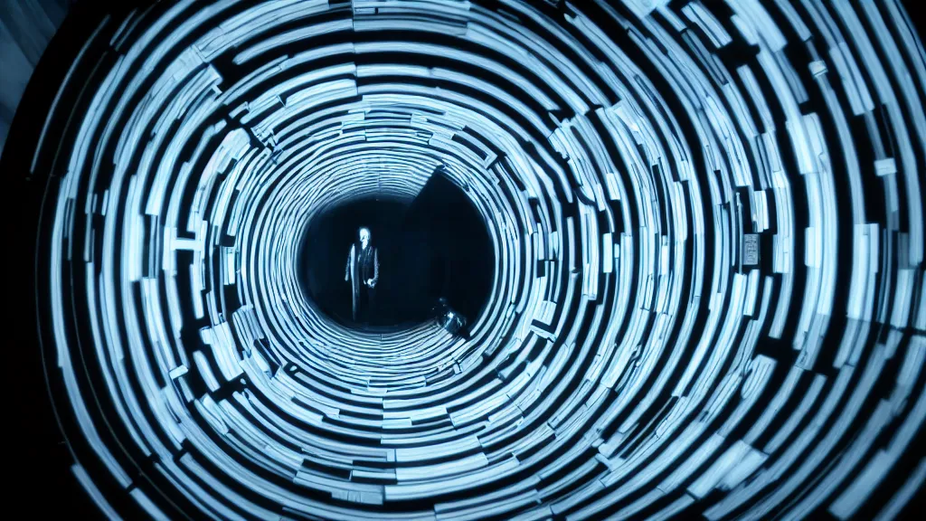 Image similar to an mri image open mri machine time tunnel portal in the living room, film still from the sci fi movie directed by denis villeneuve with art direction by salvador dali, wide lens