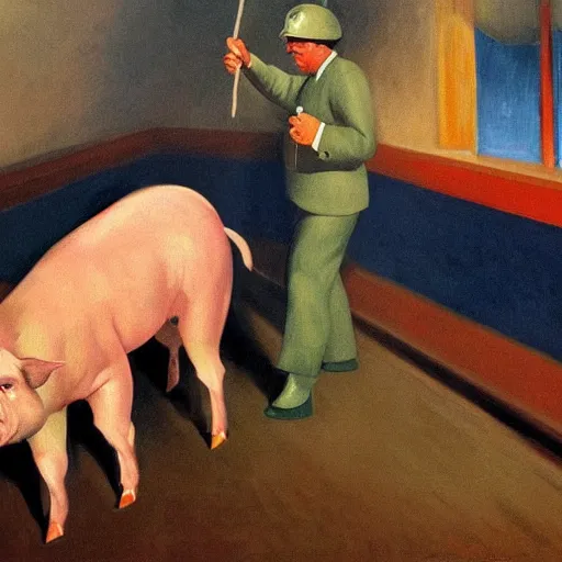 Image similar to highly detailed propaganda poster portrait of the leader of fascist hungary, viktor orban riding a pig during a traditional pig slaughter, painted by edward hopper