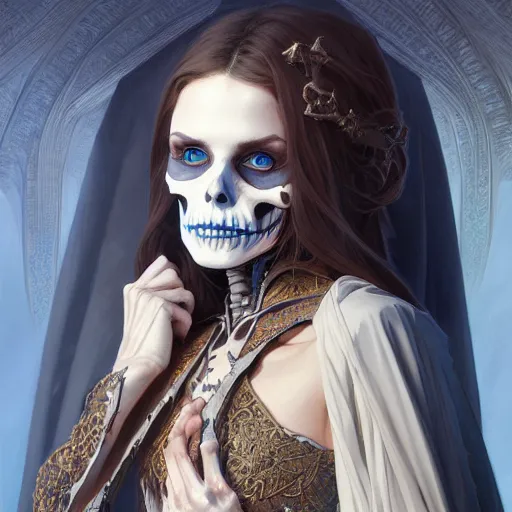 Prompt: Portrait of skeleton wearing a robe, D&D, blue eyes, fantasy, intricate, elegant, highly detailed, digital painting, artstation, concept art, smooth, sharp focus, illustration, art by artgerm and greg rutkowski and alphonse mucha