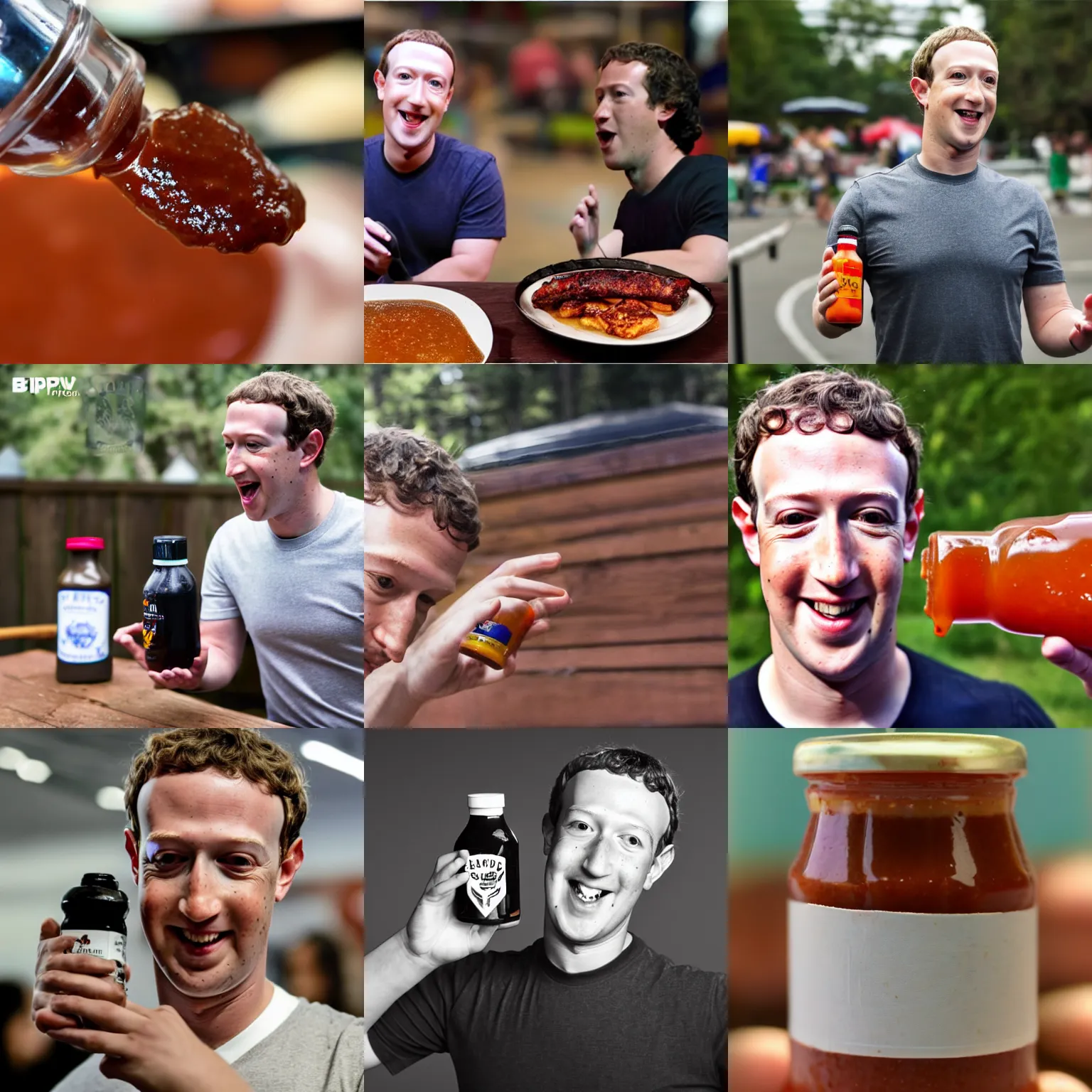 Prompt: mark zuckerberg hits you on the head with a baby ray's bbq sauce bottle, pov photography