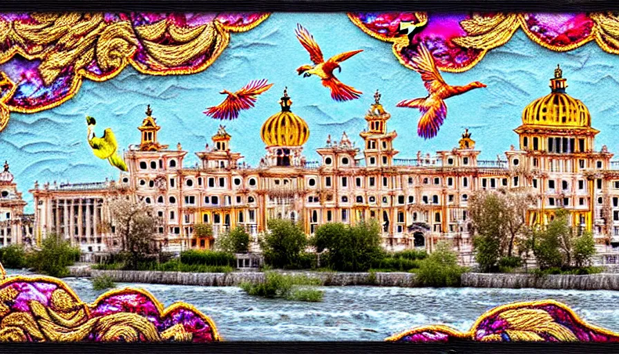Prompt: HDR high resolution HD sharp 8x. building along a river, seen from the long distance. maximalist mixed media paper and baroque embroidery fabric collage. huge flamish baroque birds flying. childrenbook illustration in pastel tones. matte background.