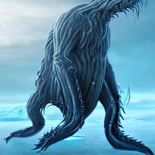 Image similar to ancient unknown eldritch creature rising from the ice, antarctica, digital art, realistic, detailed, artstation