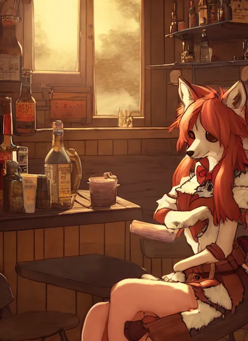 Prompt: anthro coyote fursona barmaid in a cozy tavern, hidari, color page, tankoban, 4K, tone mapping, Akihiko Yoshida.