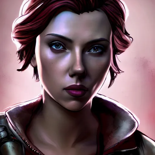 Image similar to scarlett johansson portrait, borderlands, tales from the borderlands, the wolf among us, comic, cinematic lighting, studio quality, 8 k