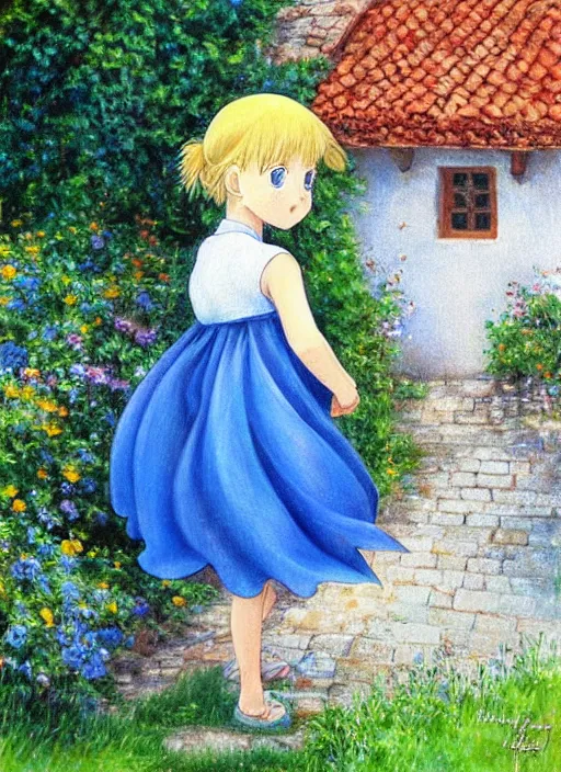 Prompt: a cute little girl with golden blonde hair and blue eyes standing in a picturesque french village wearing a sky blue summer dress. detailed face. beautiful painting by hayao miyazaki