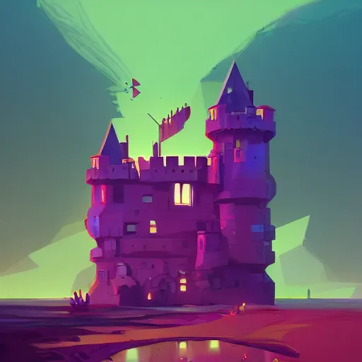 Image similar to a castle in a stunning sea by Anton Fadeev and Simon Stalenhag, purple scheme, trending on artstation