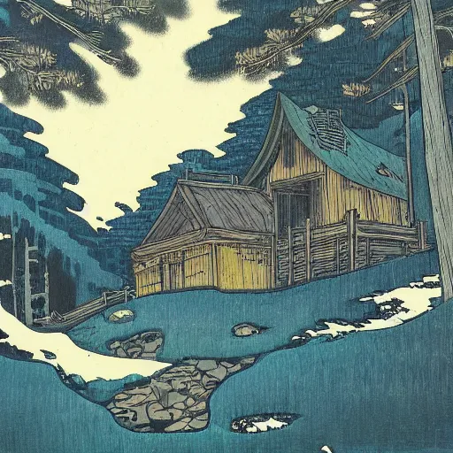 Prompt: a painting of a eerie cabin in the middle of the woods in the style of hokusai