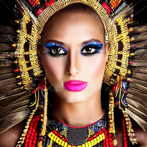 Prompt: studio photo of an aztec glamour supermodel, gorgeous professional ancient aztec female model, bokeh