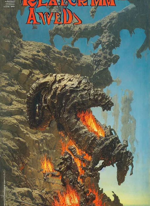 Prompt: metal armoured beast in cave, lava flows, fire, dynamic action, by lawrence alma - tadema and zdzislaw beksinski and norman rockwell and jack kirby and tom lovell and greg staples