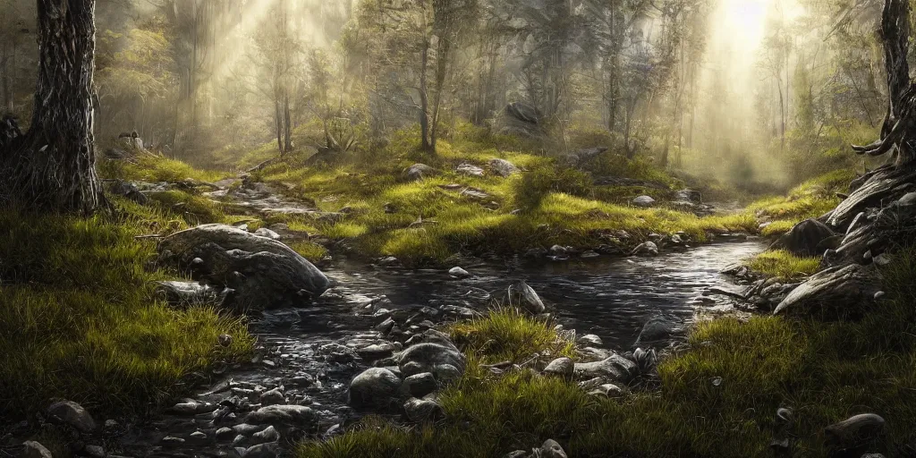 Image similar to Intricate detailed illustration, Tasmanian Tiger reflected in an alpine stream, cinematic lighting, by Philip Hood, wide angle, volumetric light scattering, 8k, artstation, concept art,