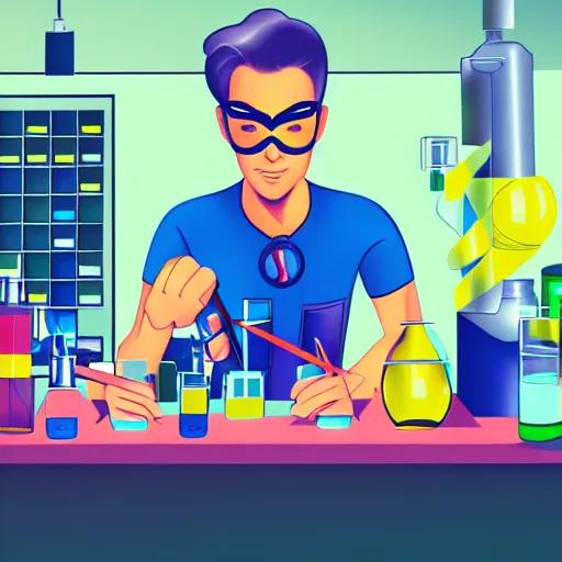 Prompt: character concept of a color scientist superhero mixing colors in his lab, detailed cinematic illustration digital art