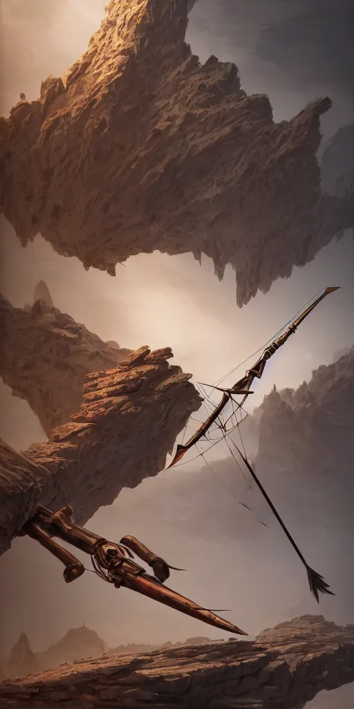 Image similar to a beautiful delicate huge mega bow and arrow weapon, solid background, electron flow, android, machinery, metal, weapon design, fine texture structure, hyper detailed, perfect shadows, atmospheric lighting, 3 d render, in the style of pascal blanche and sparth juan raphael lacoste paul pepera pablo roldan, displayed in the exhibition hall, 4 k hd