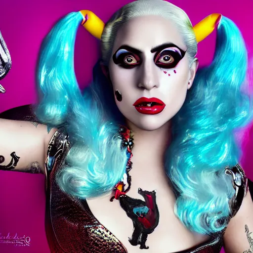 Prompt: detailed 4 k photorealistic lady gaga as harley queen make up and costum in the style of nick ut and eddie adams and margaret bourke and yousuf karshs and alfred eisenstaedt