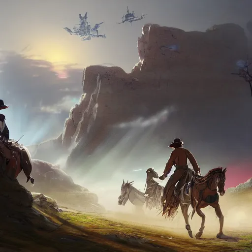 Prompt: cowboys vs robots, landscape, battle scene, concept art