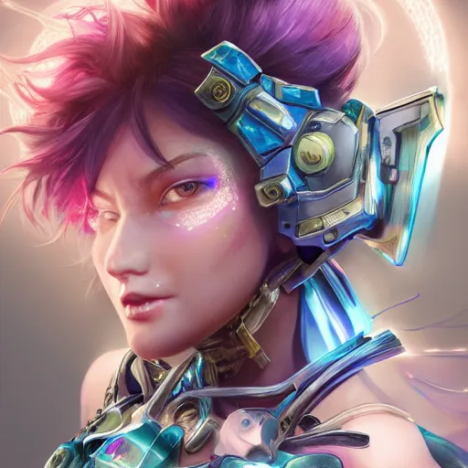 Image similar to studio portrait of lawful good colorful female holy mecha paladin absurdly beautiful, elegant, young sensual graceful woman, ultrafine hyperrealistic detailed face illustration by kim jung gi, irakli nadar, intricate linework, sharp focus, bright colors, matte, octopath traveler, final fantasy, unreal engine highly rendered, global illumination, radiant light, intricate environment