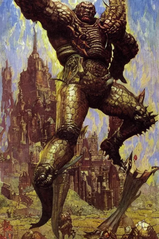 Image similar to full body portrait of mark henry as huge demonic armoured radioactive demon king, simple background, painted by jack kirby, lawrence alma tadema, norman rockwell, greg staples, wayne barlow, jacob collins, tom lovell, frank schoonover, neville page