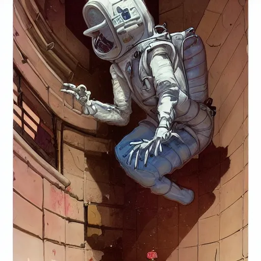 Image similar to skeleton astronaut breaking through a brick wall like the koolaid man, illustration, art by artgerm and greg rutkowski and alphonse mucha