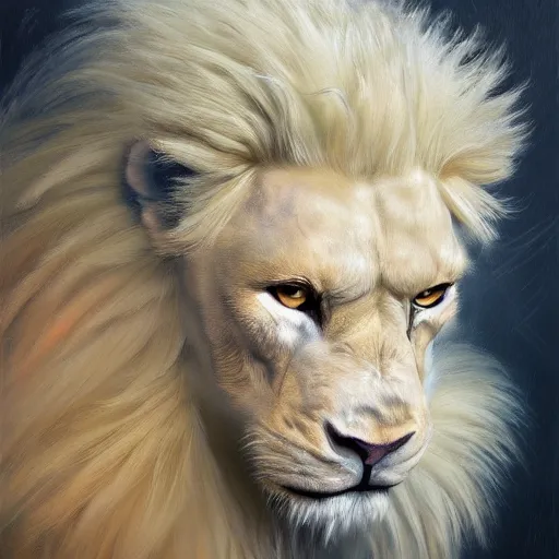 Image similar to aesthetic portrait commission of a of a muscular male fully furry anthro albino lion cybernetic, highly detailed oil painting, impasto brush strokes, soft light, 8 k, cyberpunk colour palette, dramatic composition, dramatic lighting, sharp focus, masterpiece, by adrian ghenie and jenny saville and zhang jingna