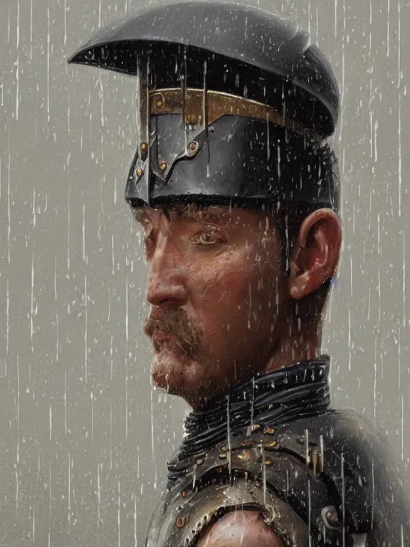 Prompt: an ultradetailed beautiful portrait painting of a roman soldier marching in the rain, side view, oil painting, high resolution, by ilya kuvshinov, greg rutkowski and makoto shinkai