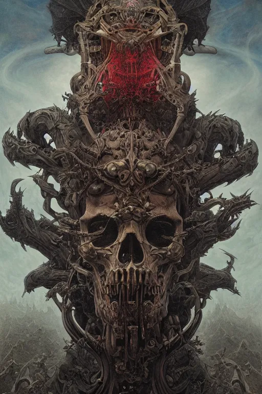 Image similar to gigantic demonic skull lord of death, fantasy painting, ultra realistic, wide angle, art nouveau, intricate details, rainbowshift, vivid colors, highly detailed by peter mohrbacher, h. r. giger, maxfield parrish, gaston bussiere, gustave dore, beksinski, craig mullins, octane render, cgi